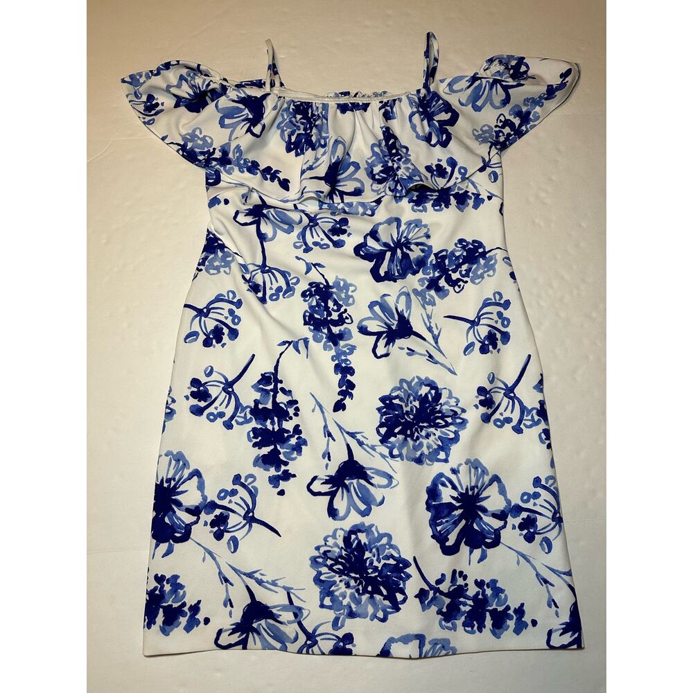 Lauren by Ralph Lauren Women's Cold-Shoulder Floral Crepe Blue And White Dress 8 - Picture 6 of 7